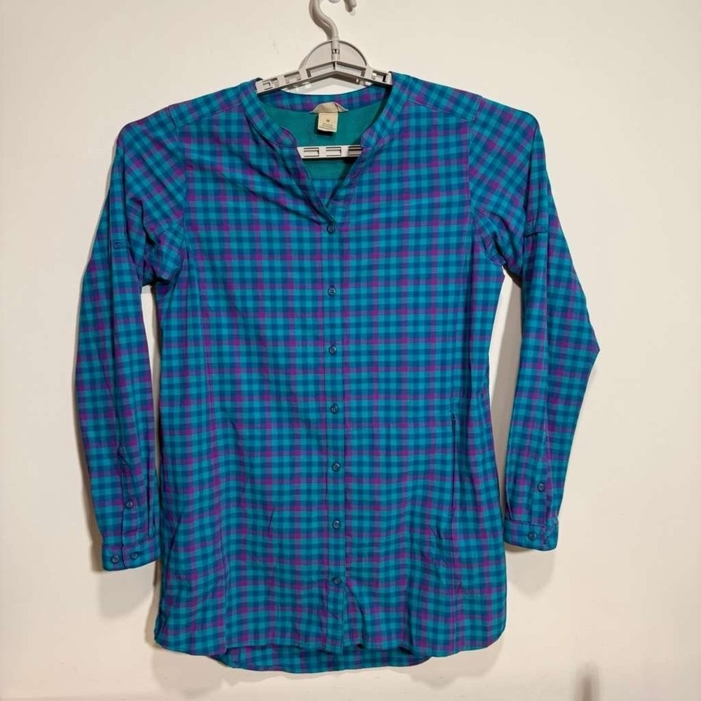 Duluth Trading Co Womens Armachillo Blue Plaid Hiking Tunic Stretch Outdoor Sz M